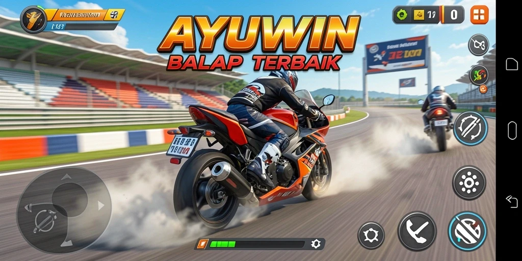 Tampilan gameplay AYUWIN yang mendebarkan dalam balap motor.