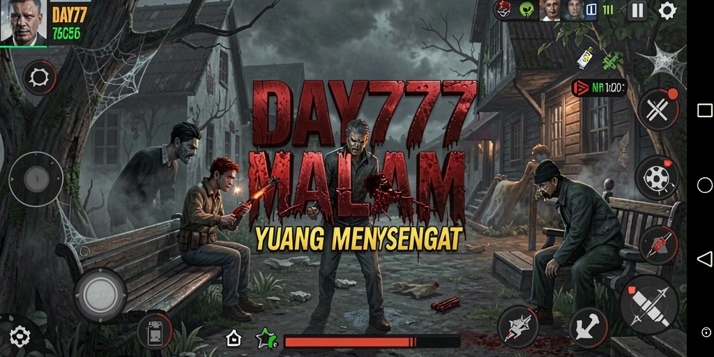 Screenshot utama DAY777 menampilkan suasana menyeramkan dan gameplay yang menegangkan.