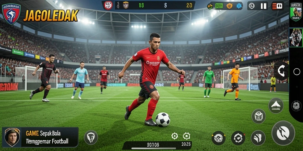 Menampilkan gameplay seru sepak bola di JAGOLEDAK.