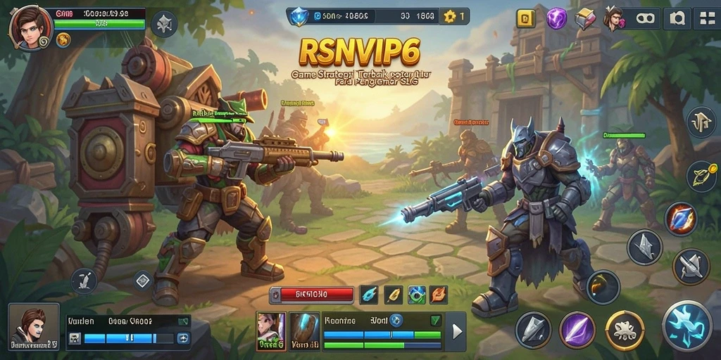 Tampilan layar utama RSNVIP6 menampilkan aksi gameplay SLG yang dinamis.