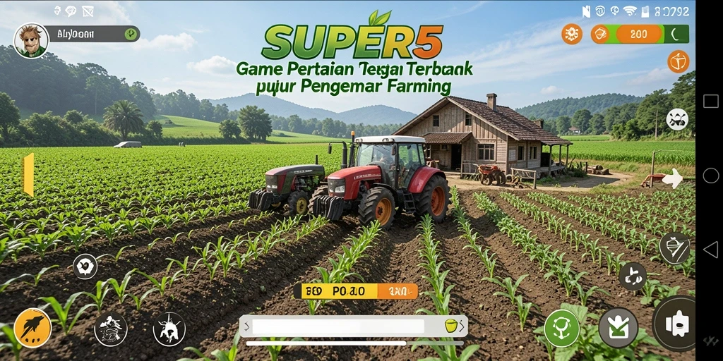 Screenshot SUPER5 menampilkan aktivitas bertani yang penuh warna.